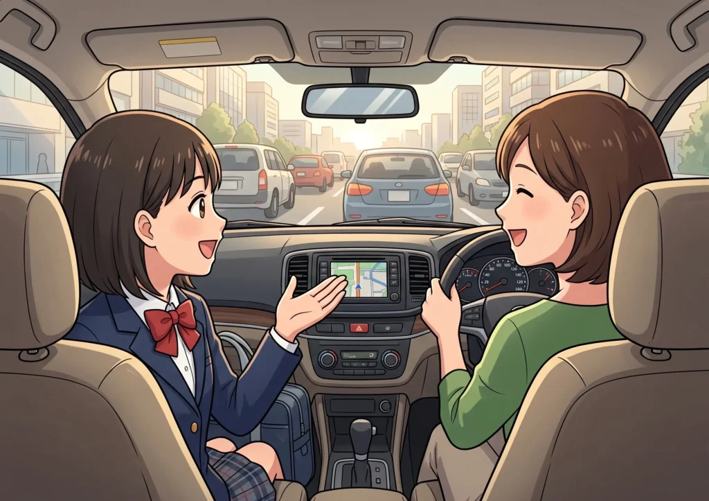 車内で娘と楽しくおしゃべりする様子