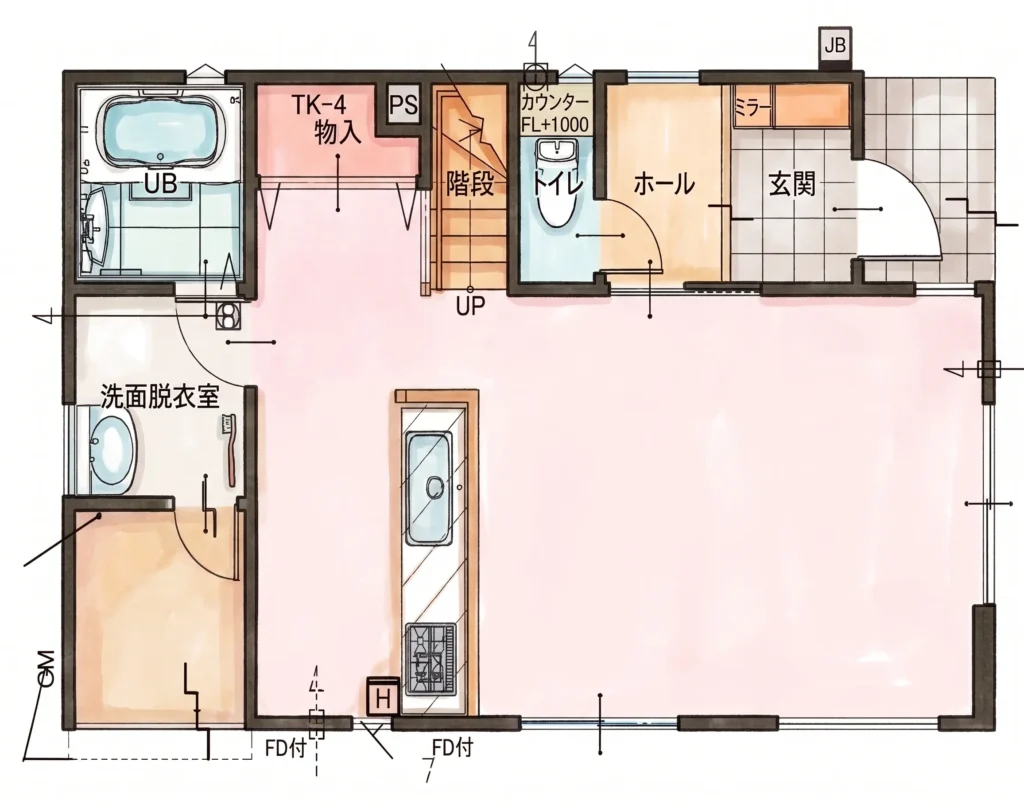 S様邸、1階の間取図