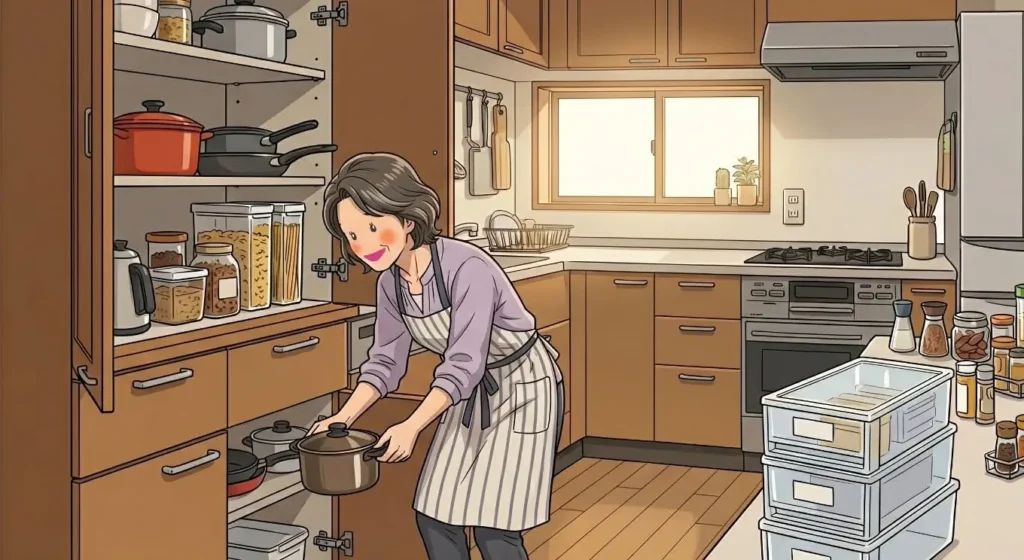 50代の女性がキッチンで重い物を持とうとしている。重いものは中段に入れるおススメの画像