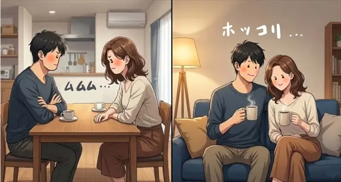 向かい合ったら対立。並んだら親しみの夫婦